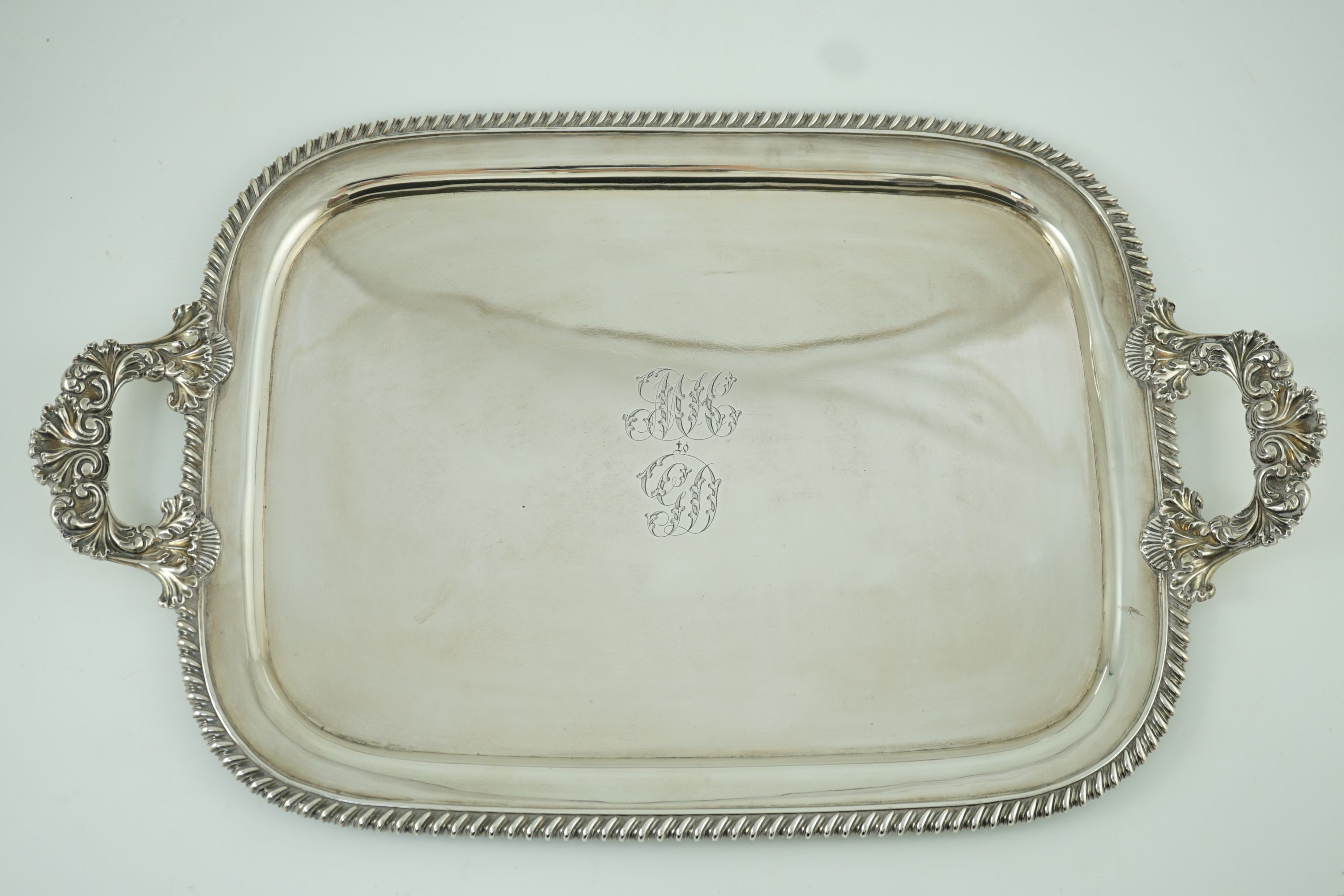 A George IV silver two-handled rounded rectangular tea tray, by The Barnards